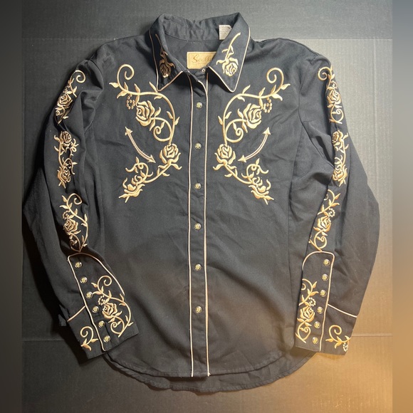 Scully Women’s Embroidered Western Shirt XL Black Roses Snap Front Rodeo - Picture 7 of 11